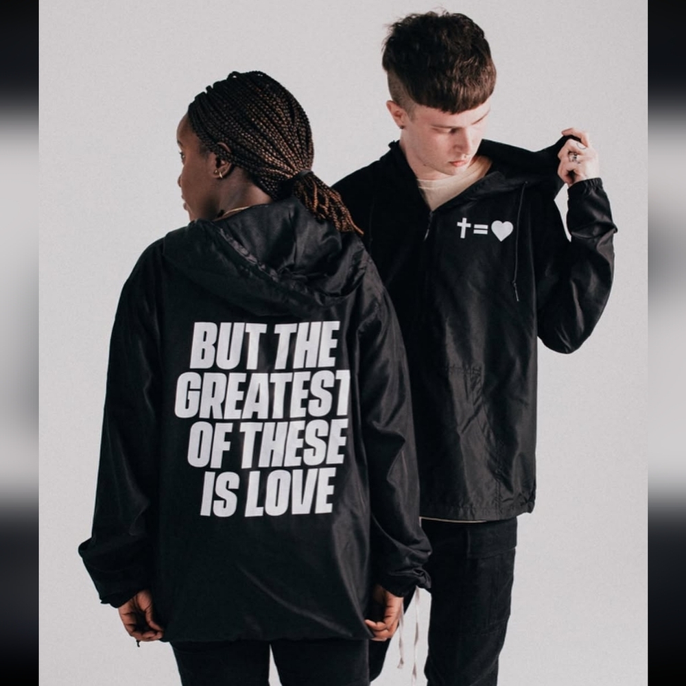 But The Greatest Of These Is Love Windbreaker Hoodie Unisex XL Black & White - Picture 1 of 16